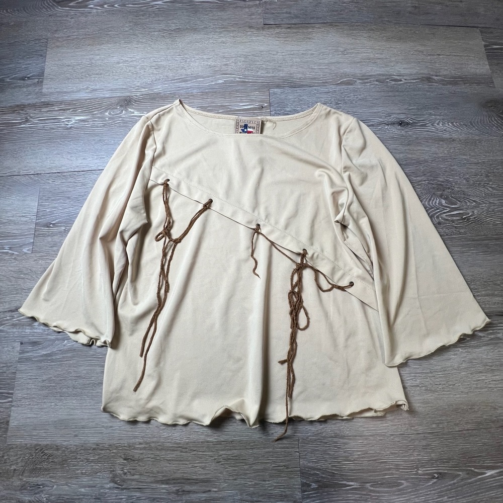 Don't Mess With Texas Blouse Womens Large Beige Lace Up Lettuce Edge Vintage